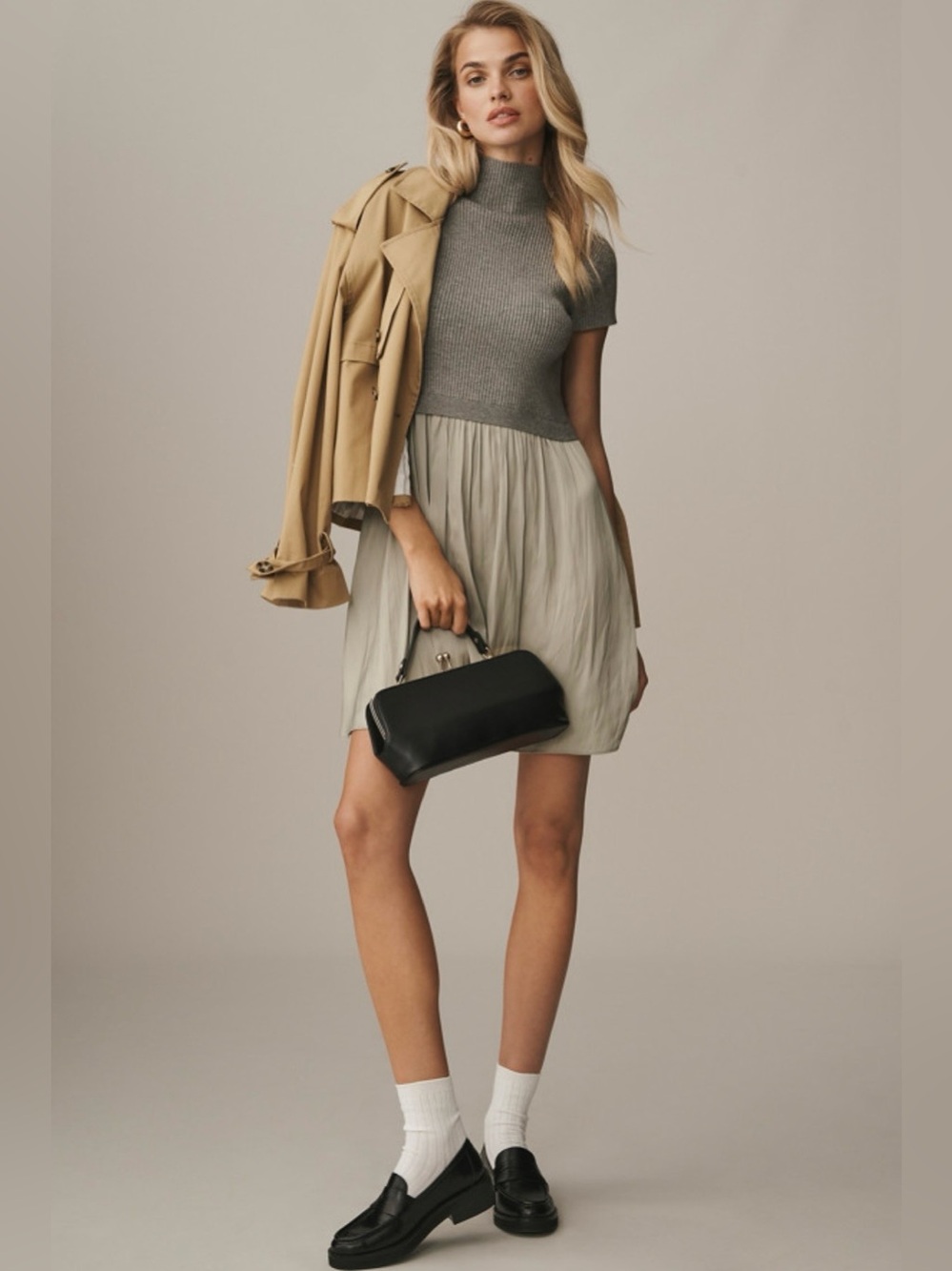 Anthropologie Thea Short Sleeve Twofer Mini Dress Grey/Sage